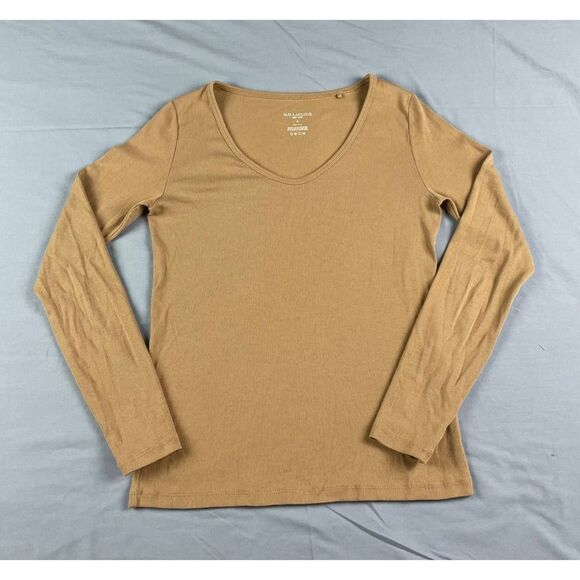 M.M Lafleur New York Long Sleeve V-Neck Rib Knit Top Golden Brown Size S - Picture 1 of 4
